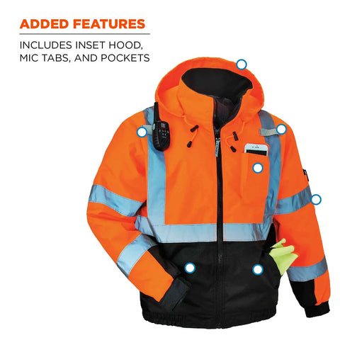 Hi Vis Winter Bomber Jacket With Reflective Quilted Insulation Class 3 Type R Wind And Water Resistant Orange Large shown with hood and mic tabs.