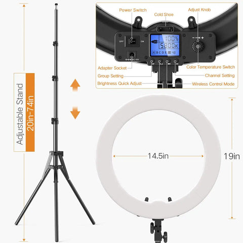 Bi-Color Ring Light With LCD Display And Stand, 19-Inch, 55W, shown with adjustable stand and control panel details