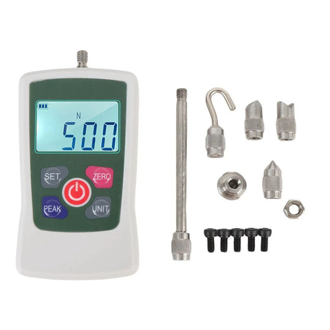Digital Force Meter 100N Push Pull Tester With Backlit Display Four Units N Kg Lb Oz Auto Shutdown Pro Grade Handy Portable For Quick And Accurate Material Testing For Lab And Field Quality Control. digital force meter with test tips, hooks, and screws