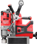 Milwaukee 278822HD M18 FUEL Lineman Magnetic Drill Kit, red cordless drill with magnetic base and side handles.