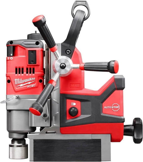 Milwaukee 278822HD M18 FUEL Lineman Magnetic Drill Kit, red cordless drill with magnetic base and side handles.