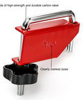 Close-up of red carbon steel plier from Four Piece Hose Pinch Off Pliers Set In Carbon Steel For Automotive Fuel Lines And Cooling System Hoses Including Three Eighths Inch One Half Inch One Inch And One And Three Quarters Inch Non Damaging Line Clamp Pliers Tool Kit For Safe DIY And with clearly marked sizes and durable build.
