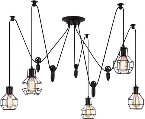 Five Head Adjustable Industrial Pendant Light With Vintage Spider Design showcasing Edison-style bulbs and rustic metalwork.