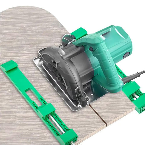 Circular saw on Adjustable Cutting Machine Base Guide With Extended Length Positioning Clamp, cutting wood.