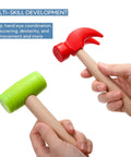 Ten Pack Kids Hammer Toy Set With Wooden Handles In Red And Green, Realistic Wood Tool Playset For Little Builders, Safe Durable Educational Pretend Play Toy For Boys And Girls, red and green wooden hammers in hands