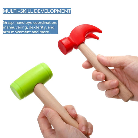 Ten Pack Kids Hammer Toy Set With Wooden Handles In Red And Green, Realistic Wood Tool Playset For Little Builders, Safe Durable Educational Pretend Play Toy For Boys And Girls, red and green wooden hammers in hands