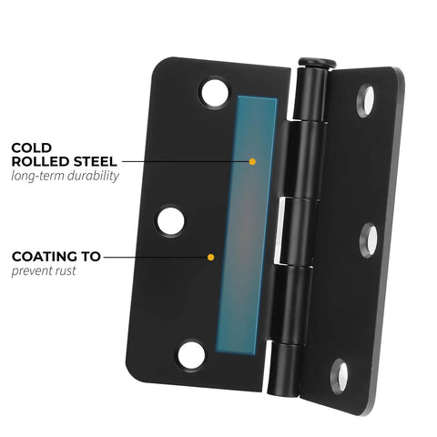 Close-up of 24 Pack Matte Black Door Hinges Three And A Half Inch Rounded Interior Hinges With Quarter Inch Radius Corners, showing steel and coating.
