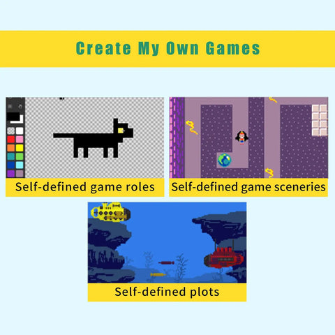 Retro Coding Arcade Handheld Console For MakeCode And Python, DIY game machine shown with self-defined roles, scenes, and plots.