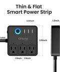 Flat Smart Power Strip with 3 WiFi Outlets and 3 USB Ports, Alexa and Google Home Compatible, dimensions shown, black color.