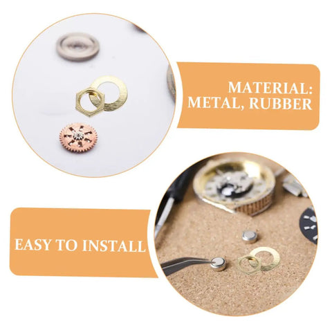 Gold 14 Piece DIY Clock Parts Kit showing metal washers and nuts for quartz clock repair