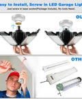Beast Mode Bright 160W LED Garage Ceiling Light With 16000 Lumens Six Deformable Panels illustrated with installation comparison