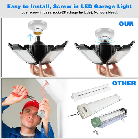 Beast Mode Bright 160W LED Garage Ceiling Light With 16000 Lumens Six Deformable Panels illustrated with installation comparison