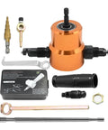 360 Degree Double Headed Sheet Metal Nibbler Drill Attachment with extra punch, die, and step drill bit, pro-grade hole cutter.