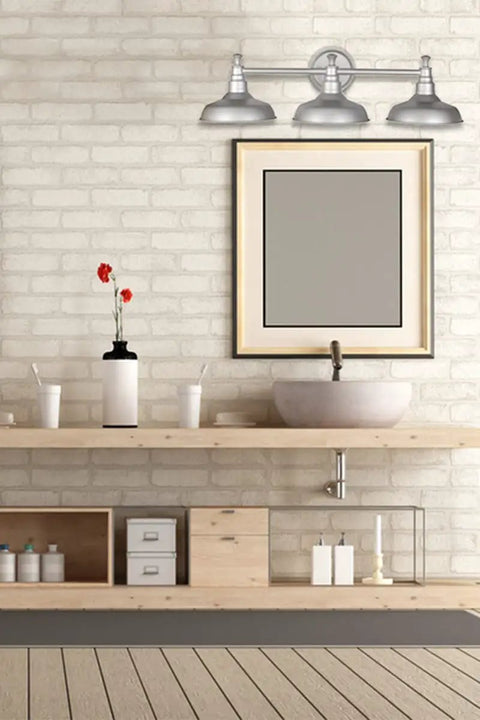 Industrial Farmhouse 3-Light Vanity Light For Over The Mirror With Metal Shades In Galvanized Finish in a bathroom setting