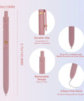 Pack Of Six Smooth Writing Retractable Gel Pens Featuring Snappy Click Mechanism And Fast Drying Black Ink That Rolls Dead Smooth Across Pages Ideal For Classroom Assignments Desk Organization And Daily Note Taking Without Any Smudging - Pink pen with durable clip and retractable design.