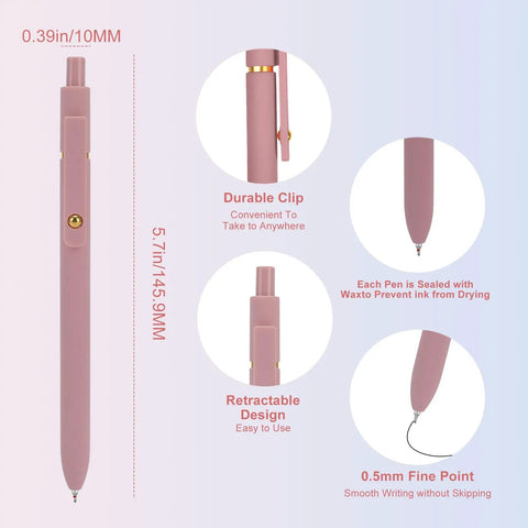 Pack Of Six Smooth Writing Retractable Gel Pens Featuring Snappy Click Mechanism And Fast Drying Black Ink That Rolls Dead Smooth Across Pages Ideal For Classroom Assignments Desk Organization And Daily Note Taking Without Any Smudging - Pink pen with durable clip and retractable design.
