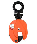 Front view of orange YATOINTO plate lifting clamp with black lifting ring and serrated jaw.
