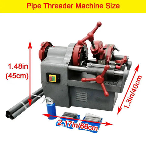Heavy Duty Electric Pipe Threader Machine With 750W Motor For 1/2 To 2 Inch NPT Threading and reaming tools, showing dimensions and components.