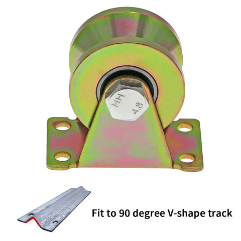 8 Pack V Groove Gate Caster Wheels 2 Inch Sliding Gate Wheel Beefy Built For Rolling Gates And Sawmills 5000 Lb Total Load Capacity Zinc Galvanized 45 Steel Bracket Smooth Rolling, shown fitting a 90-degree V-shape track.