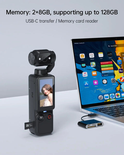 Pocket POV Camera With 180 Degree Rotating Lens, One-Tap Recording, 32GB Memory, 7 Hour Battery, connected to laptop, dark gray finish.