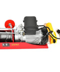 Top view of Built Tough 1500 Lb Overhead Electric Hoist Lift Crane For Garage Engine Work, includes remote control and winch.