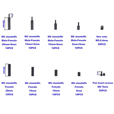Heavy Duty M2 Brass Hex Spacer Standoff Screw And Matched Nut Assortment Kit with various sizes and types displayed.