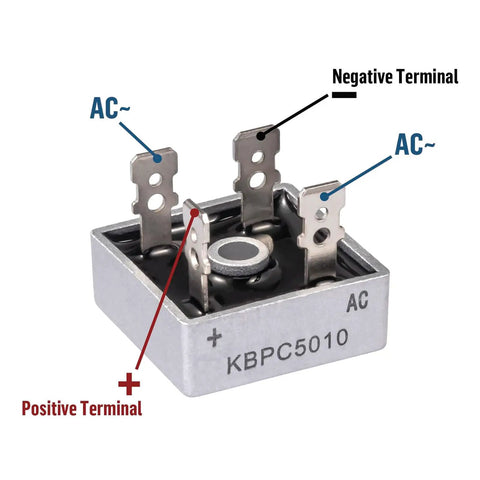 Pack Of 10 KBPC5010 Bridge Rectifier 50A 1000V Full Wave Diode Bridge For Power Supplies And DC Power Systems Metal Case Industrial Grade High Current Durable Packaging Beefy For Inverters And Electronics, metal case terminals labeled