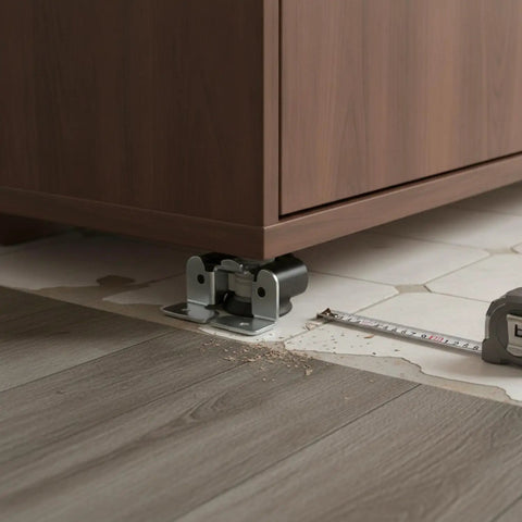 Four Point Nine Two Inch Adjustable Furniture Leveling Leg with PP Plastic Replacement Foot installed under cabinet on uneven floor.