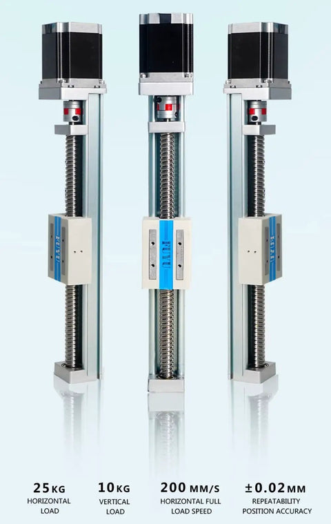 Three FSK40J Linear Guide Linear Module Ball Screw Motorized units with Nema 23 Stepper Motor, 900mm stroke, for CNC precision applications.