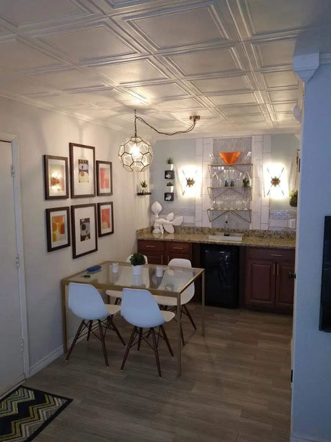 Glue Up Foam Ceiling Tiles White Pack Of Eight Covering 21.6 Square Feet installed in a modern kitchen interior view.