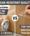 Comparison of 2.7 mil thick Clear Packing Tape Set, 6 Rolls, 1.88 Inch Wide, 65 Yards Each vs thin tape on cardboard box