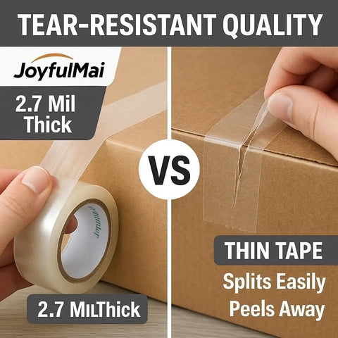 Comparison of 2.7 mil thick Clear Packing Tape Set, 6 Rolls, 1.88 Inch Wide, 65 Yards Each vs thin tape on cardboard box