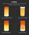 Rechargeable LED Flame Effect Light With Four Modes showing flame emulation, gravity induced, general light, and breathing modes.