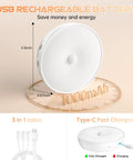 Six Pack Warm White Motion Sensor LED Puck Lights With USB Rechargeable Battery, dimensions and charging type shown