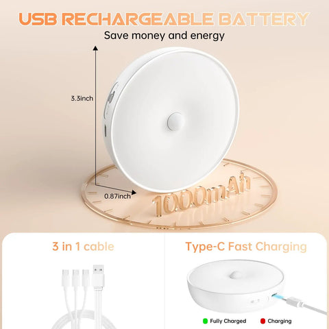Six Pack Warm White Motion Sensor LED Puck Lights With USB Rechargeable Battery, dimensions and charging type shown