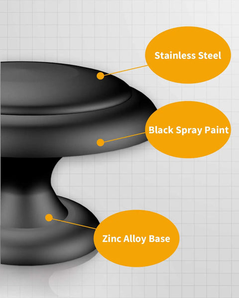 Close-up of 30 Pack Black Cabinet Knobs With Screws, 1-1/5 Inch Diameter 30mm, showing stainless steel, black paint, zinc base.