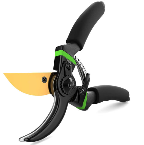 Japanese Steel Pruning Shears That Cut 3x Easier, No Sweat For Weak Hands, Rust Resistant Titanium Coated Pruner shown open blade