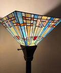 Vintage Tiffany Style Torchiere Floor Lamp With Stained Glass Shade Classic Mission Design Bright Blue and Amber Pattern