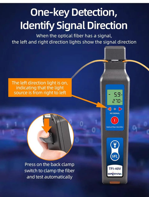 Amazon TFI-40V fiber optic identifier handheld black device with blue label and LCD display