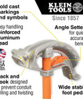 Aluminum conduit bender with angle setter and wide foot pedal for 3/4-inch EMT and 1/2-inch rigid, showing labels and features
