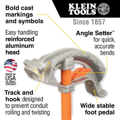 Aluminum conduit bender with angle setter and wide foot pedal for 3/4-inch EMT and 1/2-inch rigid, showing labels and features