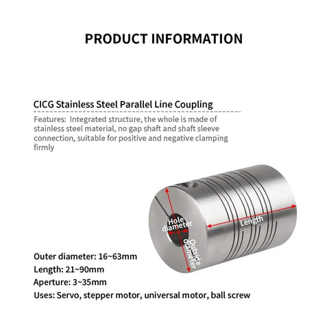 Heavy Duty Stainless Steel Flexible Coupling Shaft Connector With Parallel Line Grooves for Motor Encoder Drive, 21-90mm length.