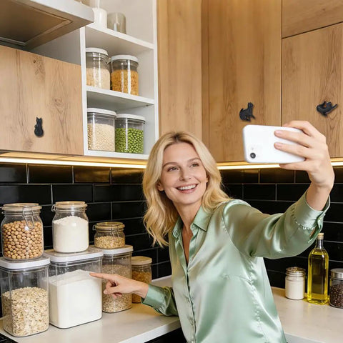 Woman taking selfie in kitchen with Vintage Cat Drawer Knobs Set Of 4 Black Iron Cabinet Handles visible on wooden cabinets