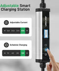 Tesla Level 2 EV Charger 9.6 kW 40A 240V with adjustable amps and delay timer, showing screen and settings, plug and play home charger.