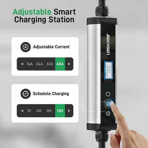 Tesla Level 2 EV Charger 9.6 kW 40A 240V with adjustable amps and delay timer, showing screen and settings, plug and play home charger.