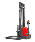 Heavy Duty Electric Straddle Stacker 3300 Lb Capacity with 118 inch lift height and polyurethane wheels viewed from side.