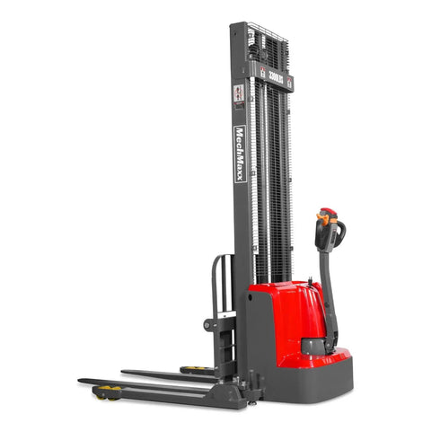 Heavy Duty Electric Straddle Stacker 3300 Lb Capacity with 118 inch lift height and polyurethane wheels viewed from side.