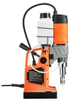 VEVOR magnetic drill press, orange and gray with white coolant tank, drill bit attached for metal drilling