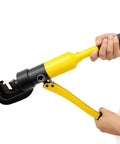 Heavy Duty 22mm Hydraulic Rebar Cutter With Sturdy Steel Toolbox For Construction Sites, yellow handheld tool for slicing steel bars.