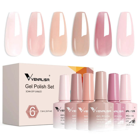 Jelly Gel Nail Polish Set Of 6 Colors In Nude Pink Sheer Tones For Neutral Skin Transparent Soak Off UV Gel For Salon Quality Nail Art At Home HEMA Free Easy DIY Manicure with display of bottles and shades